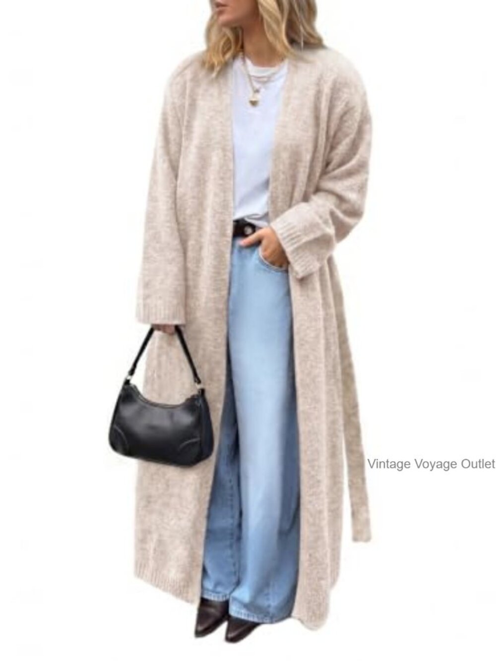 Oversized Long Cardigan Sweater Open Front Knit Coat with Belted Waist